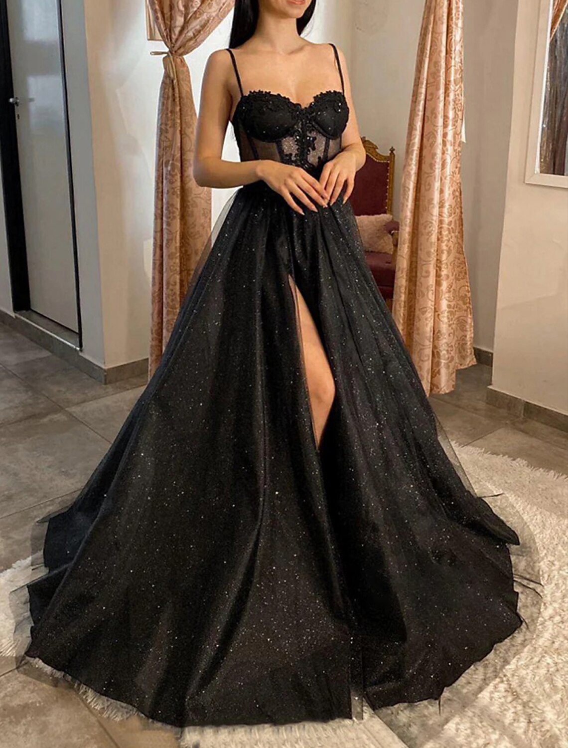A-Line Prom Dress Corsets Black Dress Plus Size Wedding Holiday Court Train Sleeveless Spaghetti Strap Detachable Tulle with Slit Appliques
