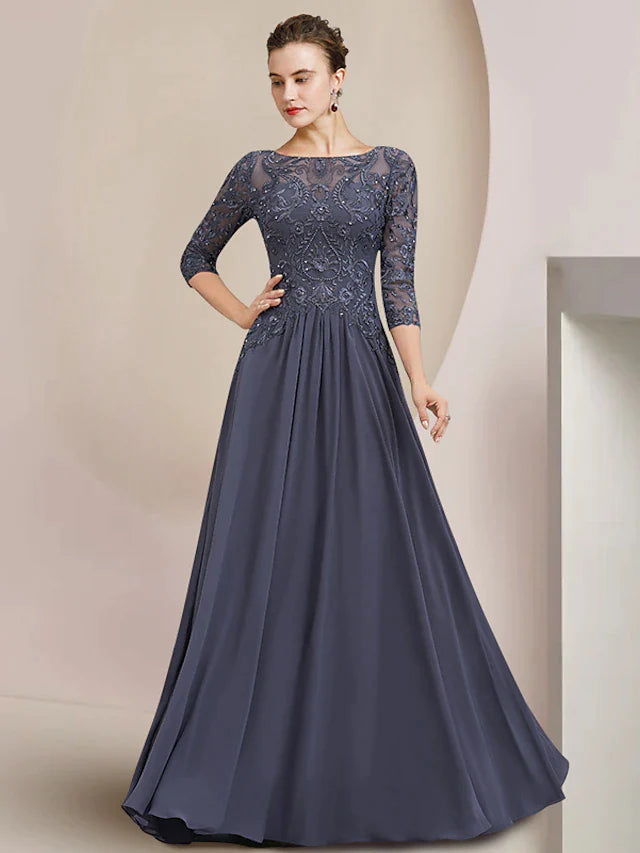 DingjiA-Line Mother of the Bride Dress Formal Elegant Scoop Neck Floor Length Tea Length Chiffon Lace Half Sleeve with Beading Appliques