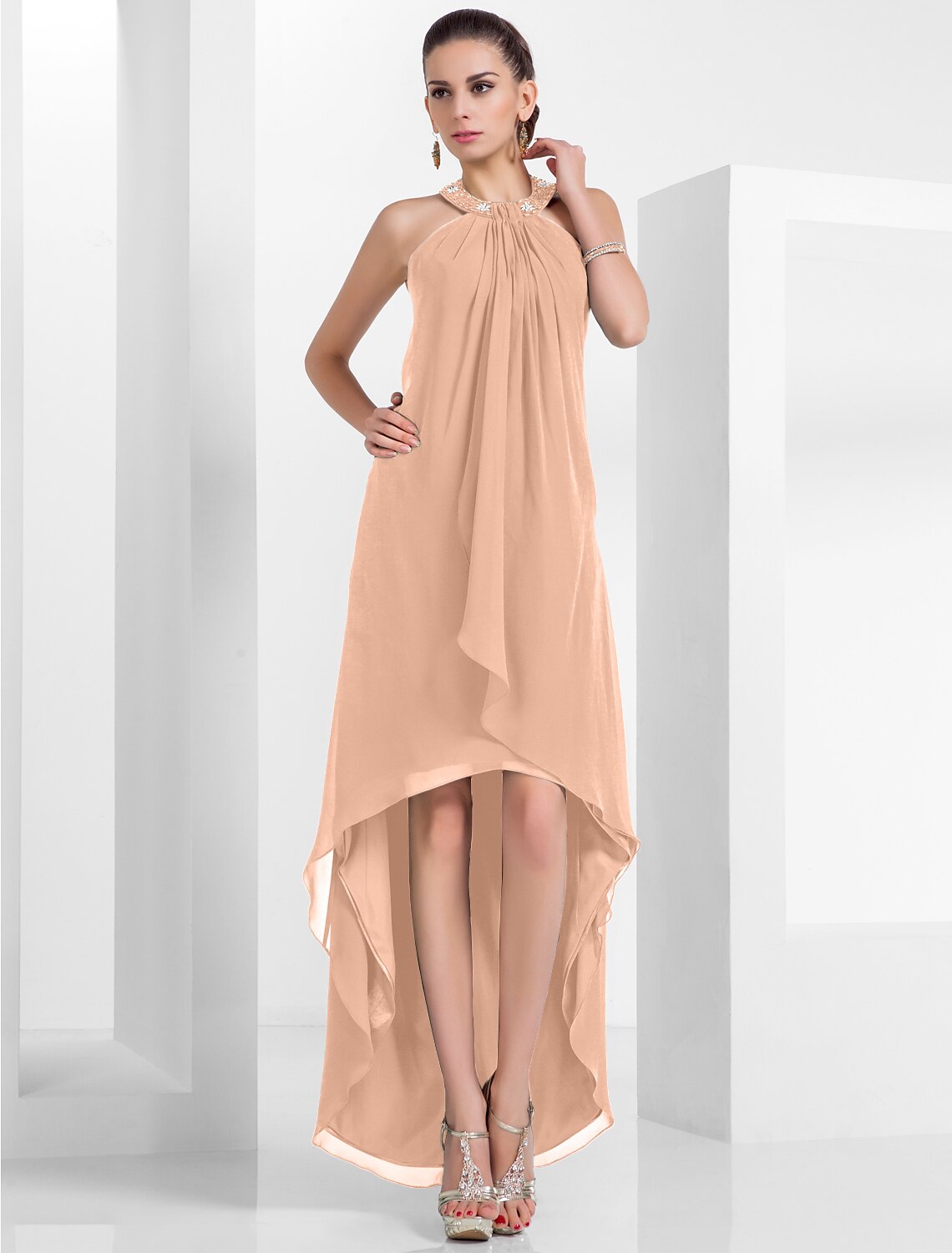 A-Line Elegant Dress Wedding Guest Cocktail Party Asymmetrical Sleeveless Halter Neck Chiffon Backless with Pleats Beading