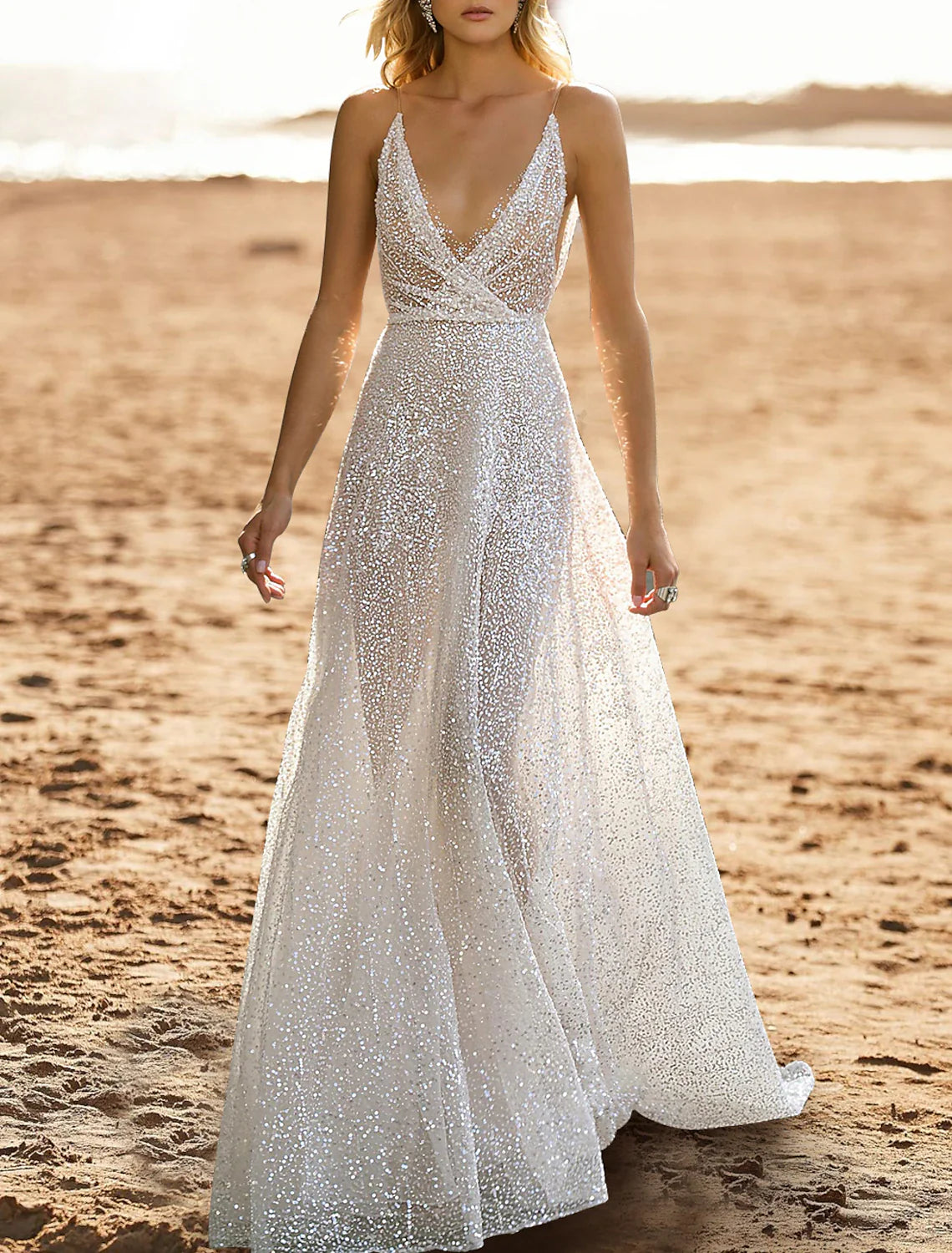 DingjiBeach Open Back Casual Wedding Dresses A-Line Camisole V Neck Sleeveless Sweep / Brush Train Sequined Bridal Gowns With Beading