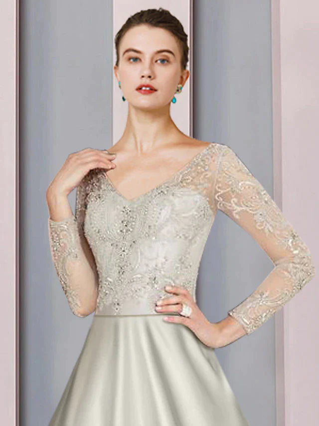 DingjiA-Line Mother of the Bride Dress Formal Church Party Elegant V Neck Tea Length Satin Lace Long Sleeve with Beading Appliques