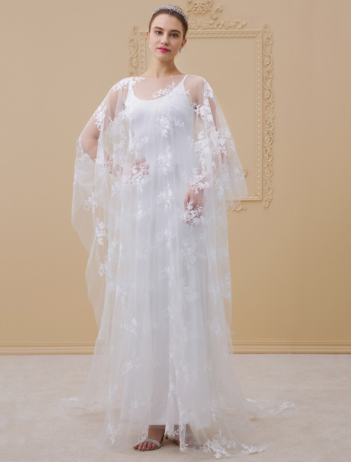 Sheath / Column Illusion Neck Sweep / Brush Train Stretch Satin / Sheer Lace Made-To-Measure Wedding Dresses with Appliques / Yes / See-Through