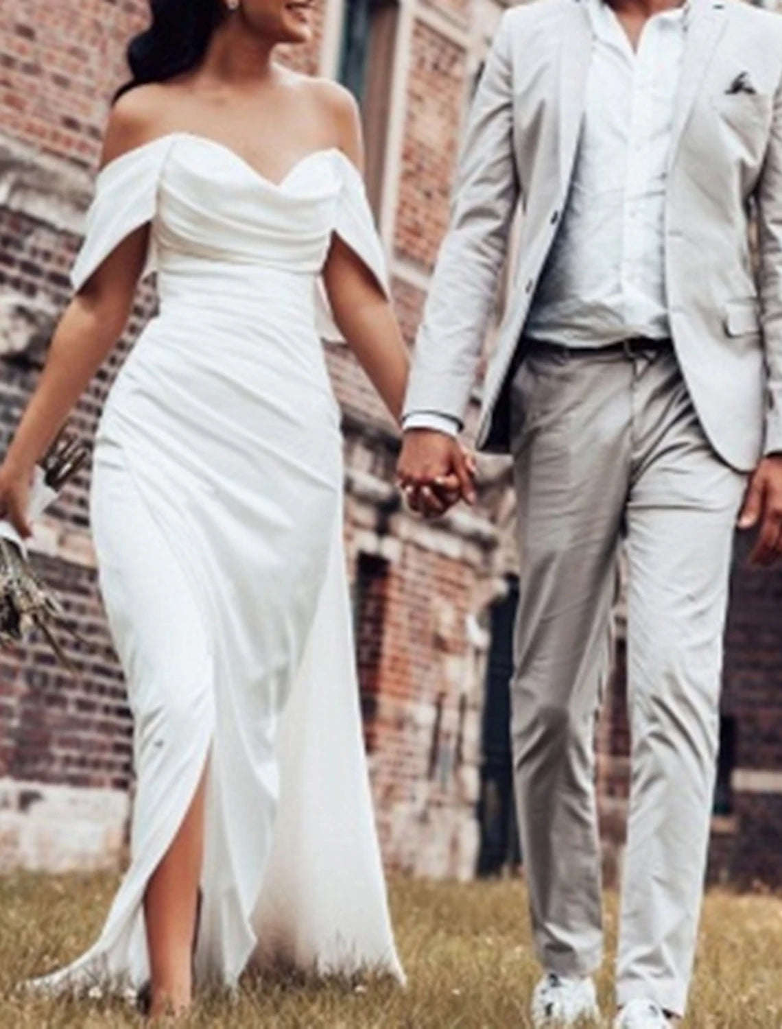 Hall Casual Wedding Dresses Sheath / Column Off Shoulder Cap Sleeve Court Train Satin Bridal Gowns With Ruched Split Front Summer Fall Wedding Party , Women's Clothing