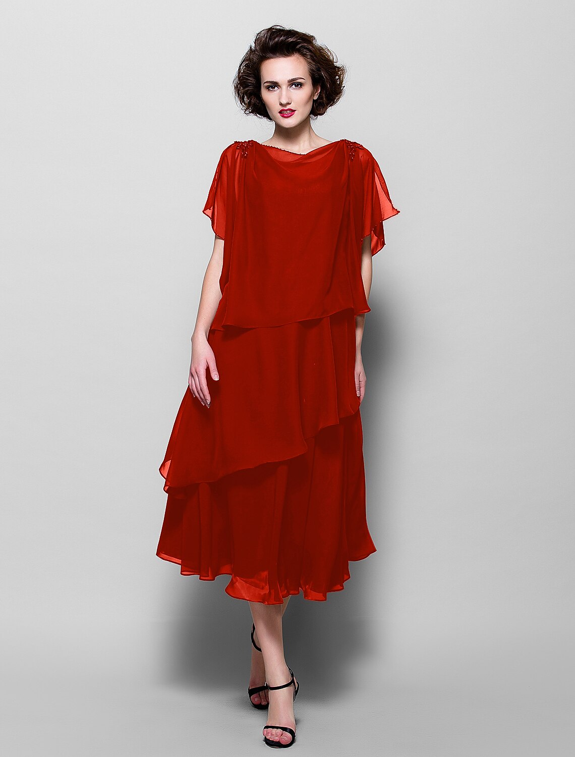A-Line Mother of the Bride Dress Plus Size Elegant Cowl Neck Tea Length Chiffon Short Sleeve with Ruffles Crystal Brooch