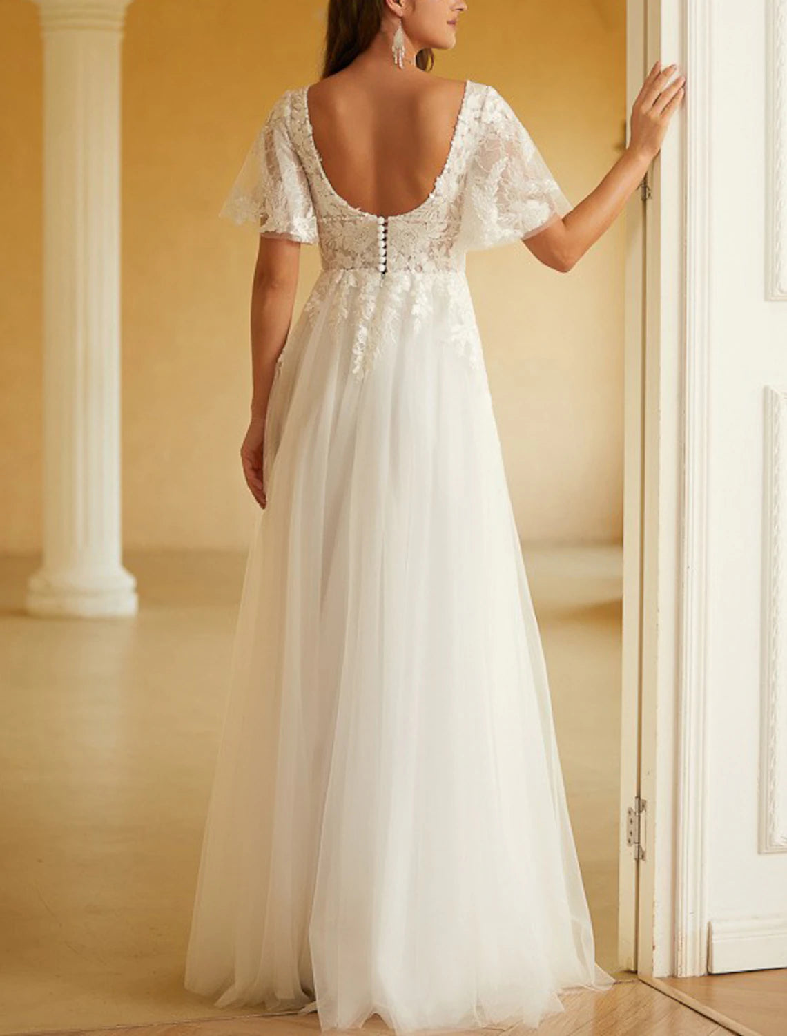 Vintage Wedding Dresses A-Line V Neck Short Sleeve Floor Length Chiffon Bridal Gowns With Beading Appliques