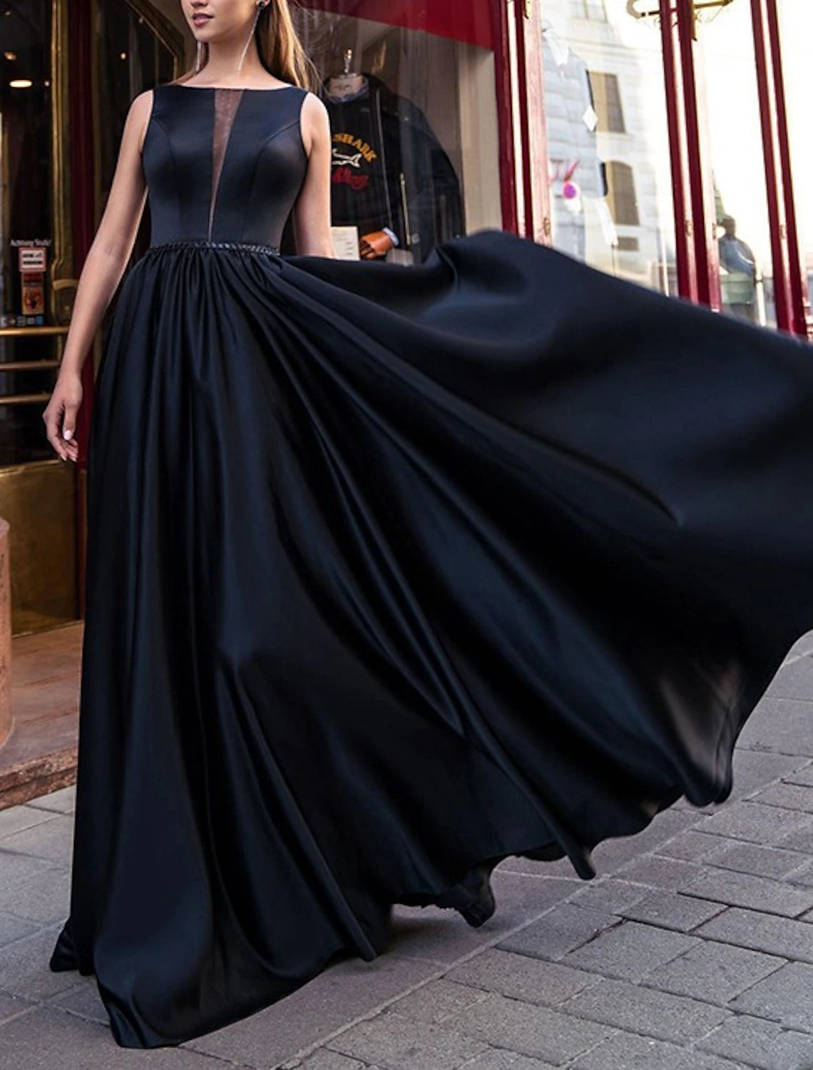 A-Line Evening Gown Minimalist Dress Party Wear Formal Evening Floor Length Sleeveless Jewel Neck Satin with Pleats
