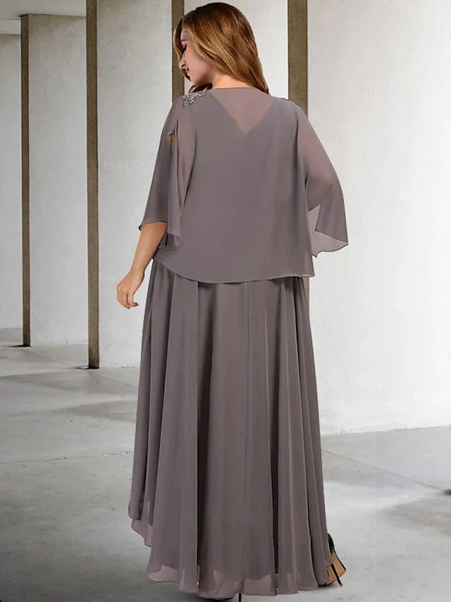 Two Piece A-Line Plus Size Curve Mother of the Bride Dresses Elegant Dress Wedding Guest Tea Length Sleeveless V Neck Chiffon with Beading