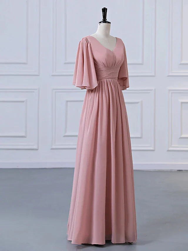 DingjiA-Line Bridesmaid Dress V Neck Half Sleeve Elegant Floor Length Chiffon with Pleats / Ruffles