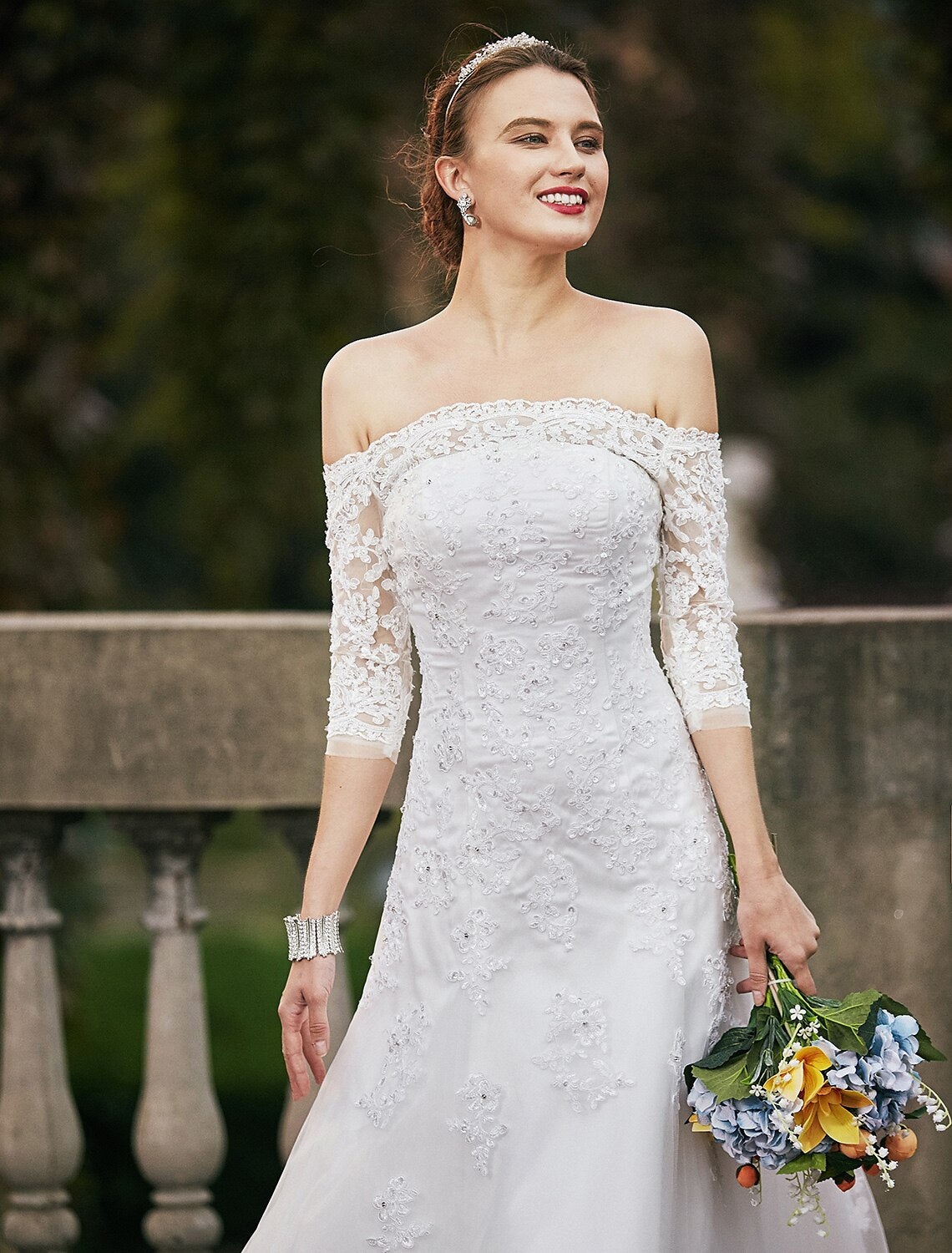 Hall Wedding Dresses A-Line Off Shoulder 3/4-Length Sleeve Sweep / Brush Train Lace Bridal Gowns With Beading Appliques