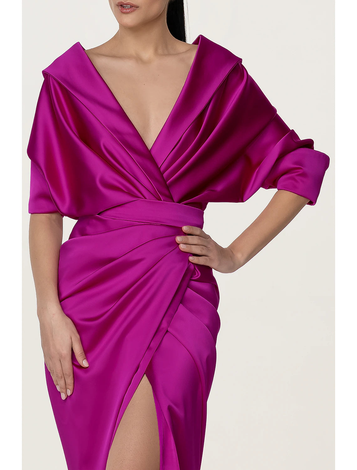 A-Line Evening Gown High Split Dress Formal Fall Sweep / Brush Train Long Sleeve V Neck Stretch Fabric with Pleats Crystals Ruffles