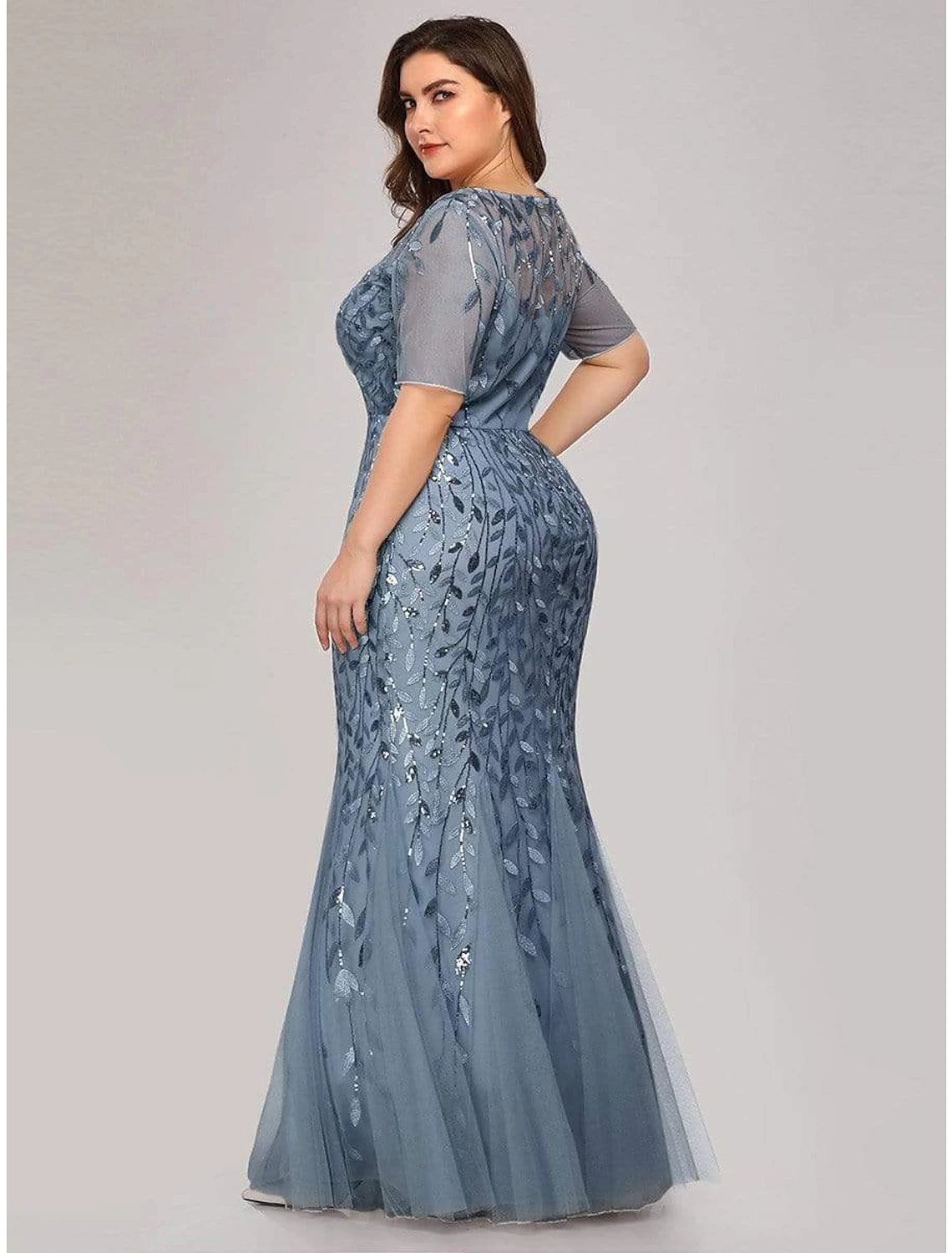 Mermaid / Trumpet Empire Elegant Party Wear Formal Evening Dress Jewel Neck Short Sleeve Floor Length Tulle with Embroidery/ Illusion Sleeve