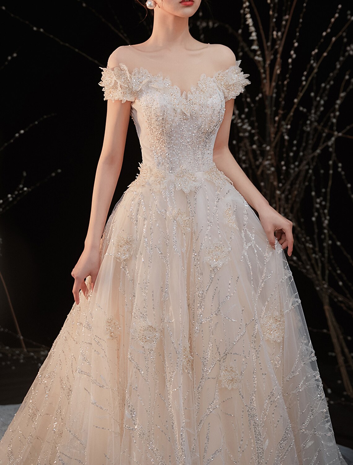 Engagement Formal Fall Wedding Dresses A-Line Off Shoulder Cap Sleeve Gowns With Pleats Appliques Summer Wedding Party, WomCourt Train Sequined Bridal en‘s Clothing
