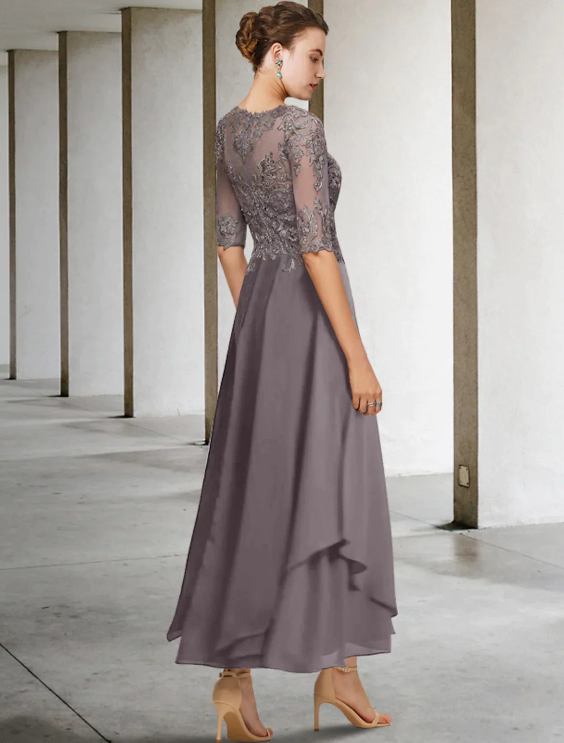 A-Line Mother of the Bride Dress Formal Wedding Elegant  Asymmetrical Ankle Length Chiffon Lace Half Sleeve No Beading Appliques