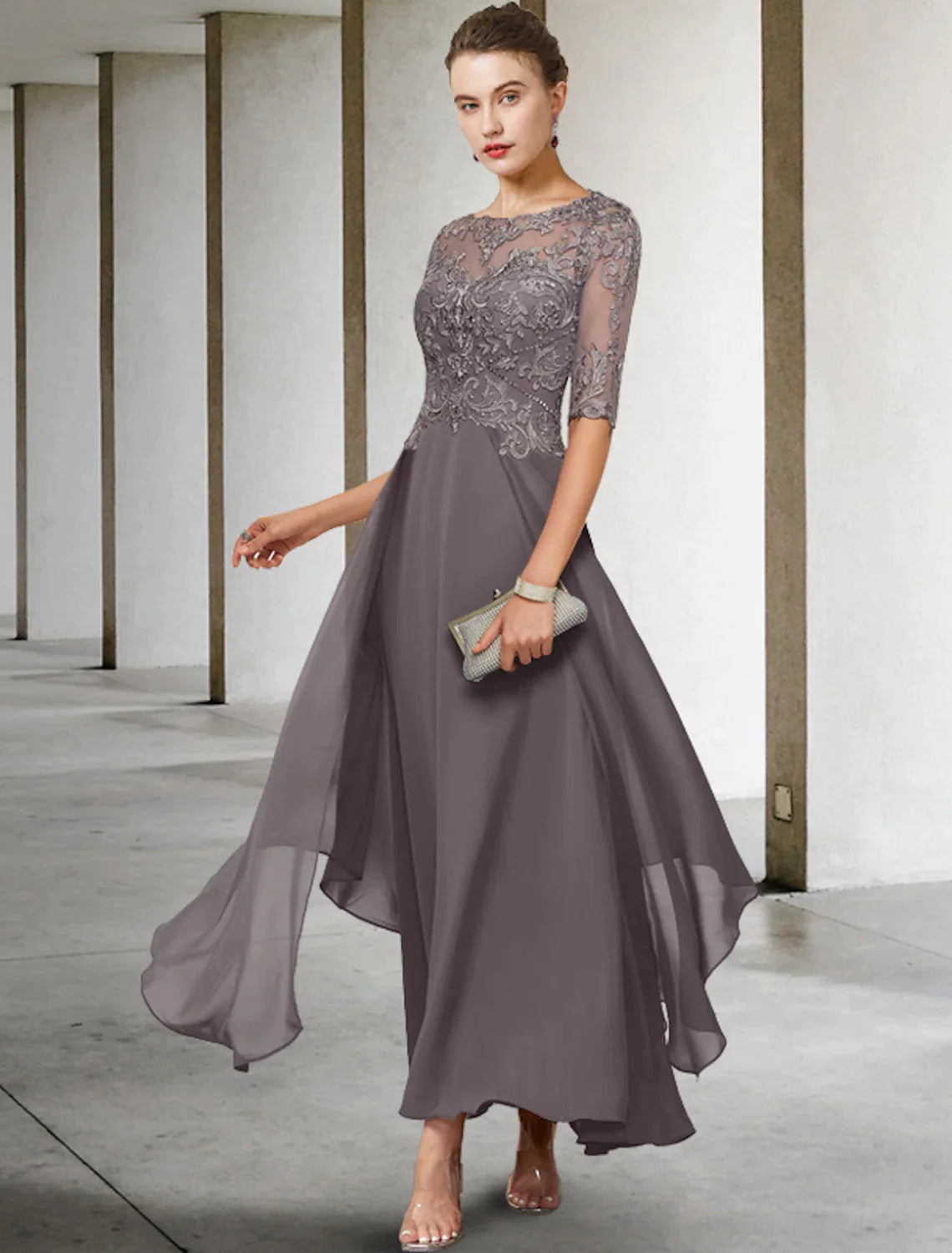 A-Line Mother of the Bride Dress Formal Wedding Elegant  Asymmetrical Ankle Length Chiffon Lace Half Sleeve No Beading Appliques