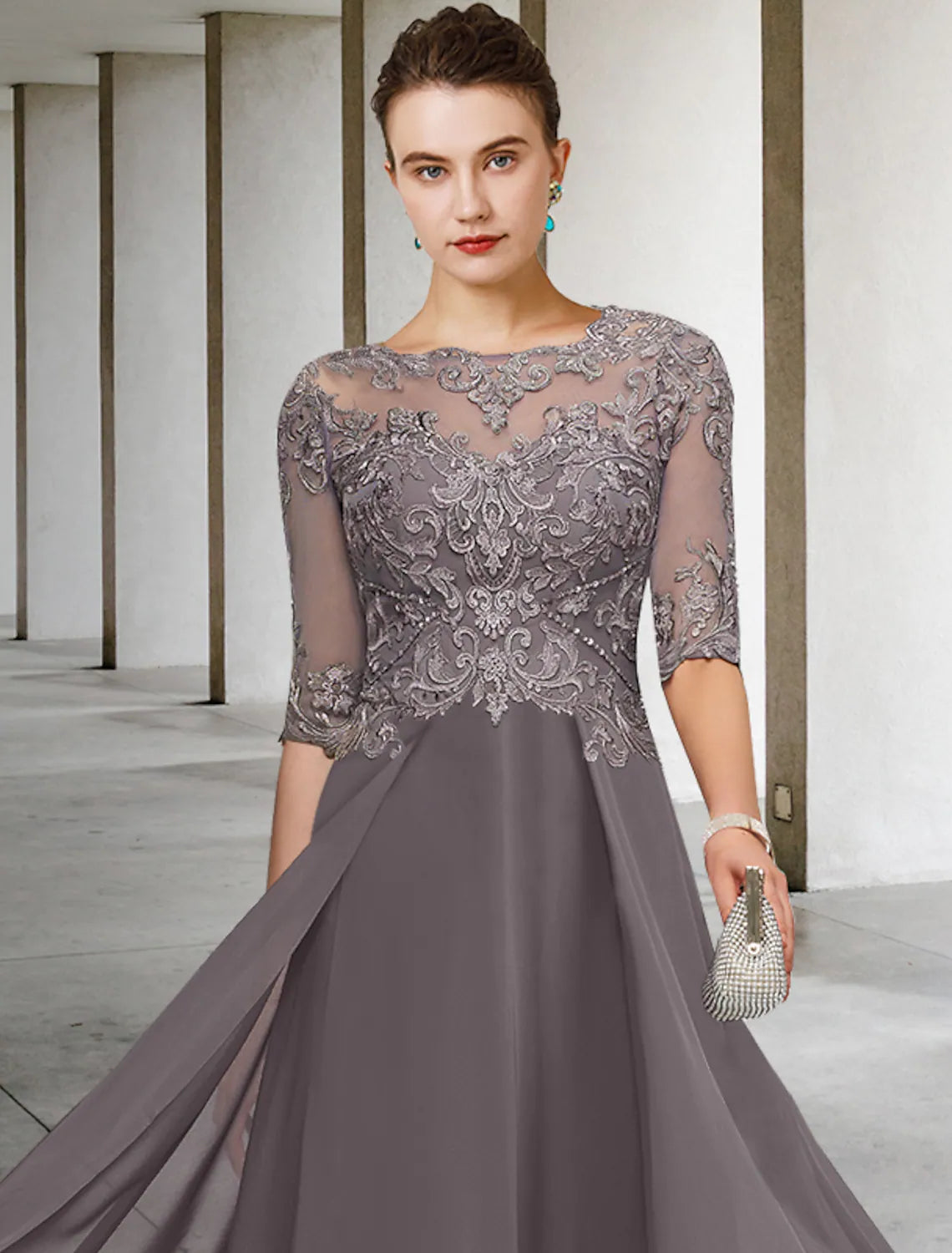 A-Line Mother of the Bride Dress Formal Wedding Elegant  Asymmetrical Ankle Length Chiffon Lace Half Sleeve No Beading Appliques