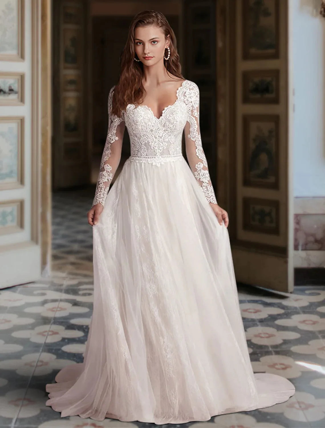 Engagement Formal Wedding Dresses  A-Line Long Sleeve V Neck Lace