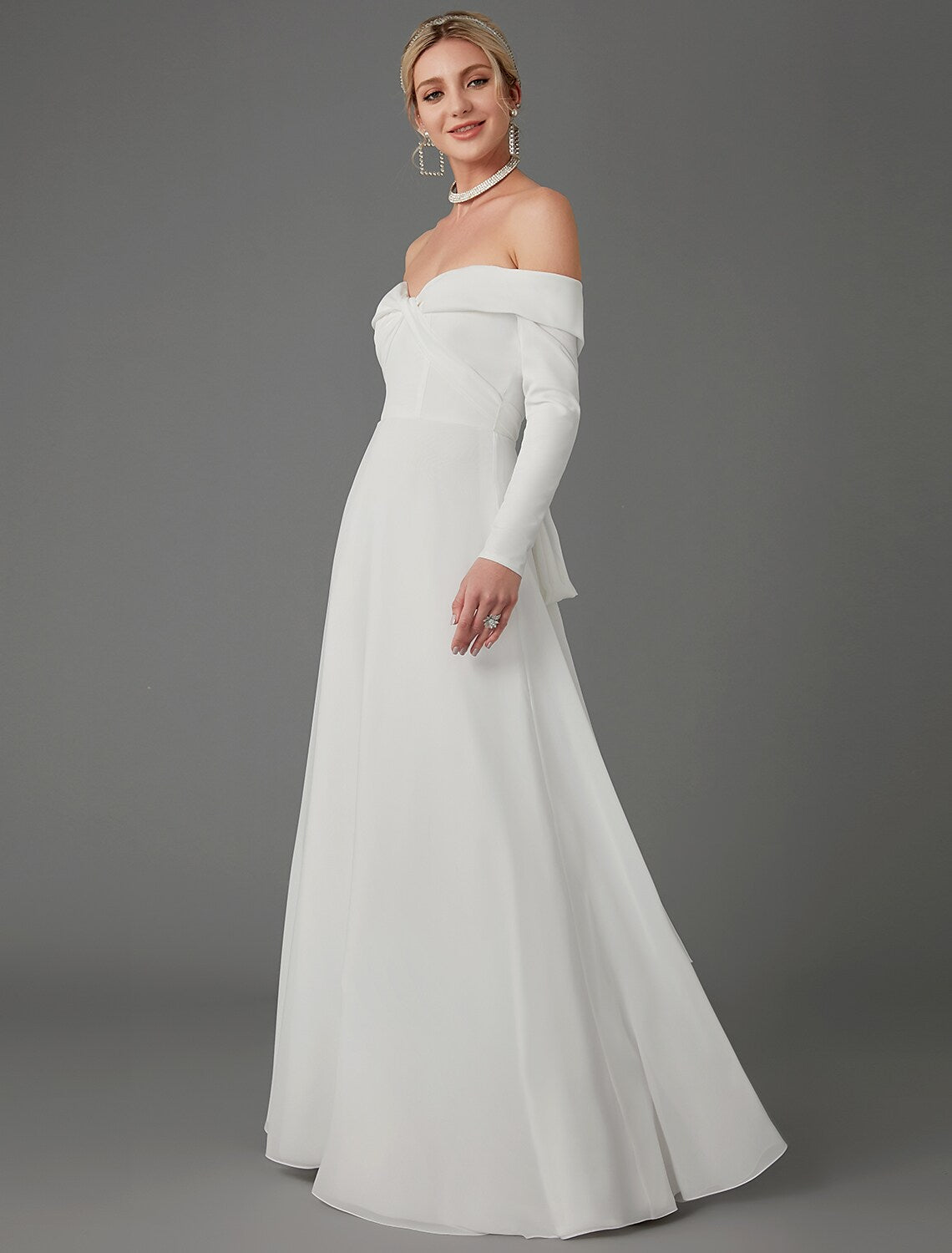 Engagement Formal Wedding Dresses A-Line Long Sleeve Off Shoulder Chiffon With
