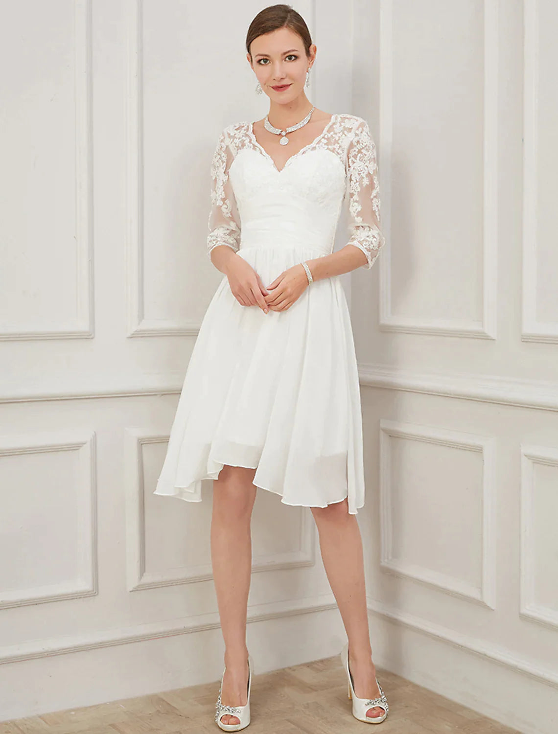Bridal Little White Dresses Wedding Dresses Knee Length A-Line Half Sleeve V Neck Chiffon Draping Appliques