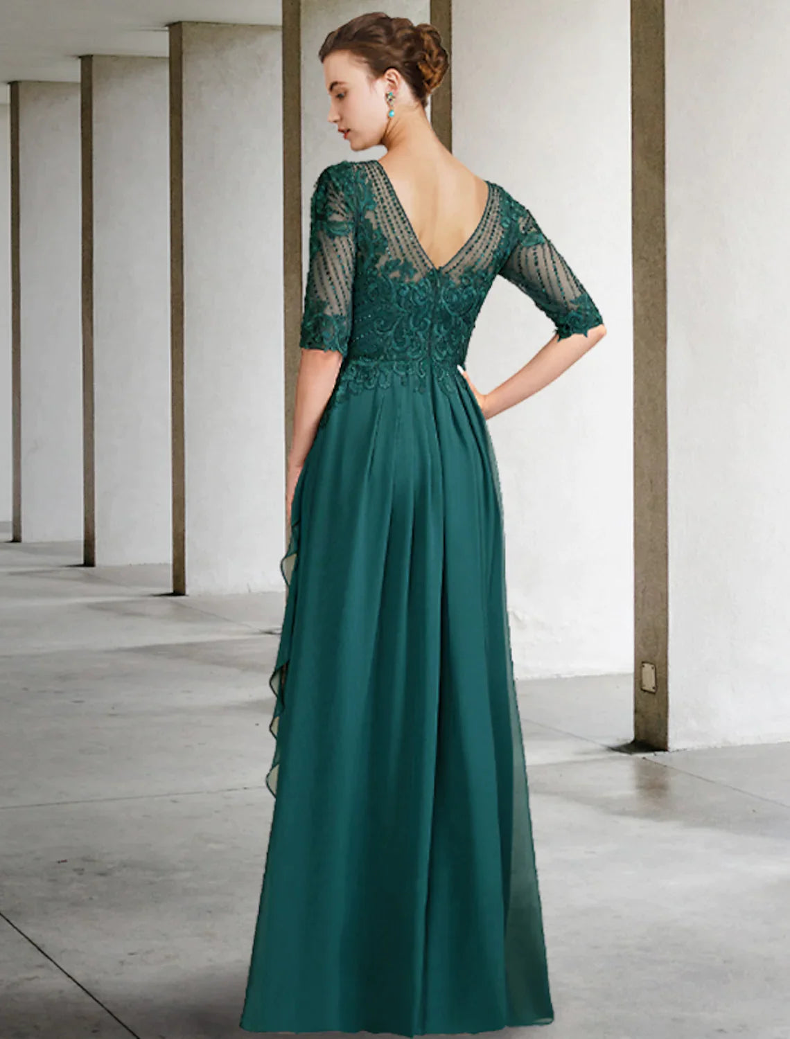 A-Line Mother of the Bride Dress Elegant Asymmetrical Chiffon Lace Sleeve Ruching
