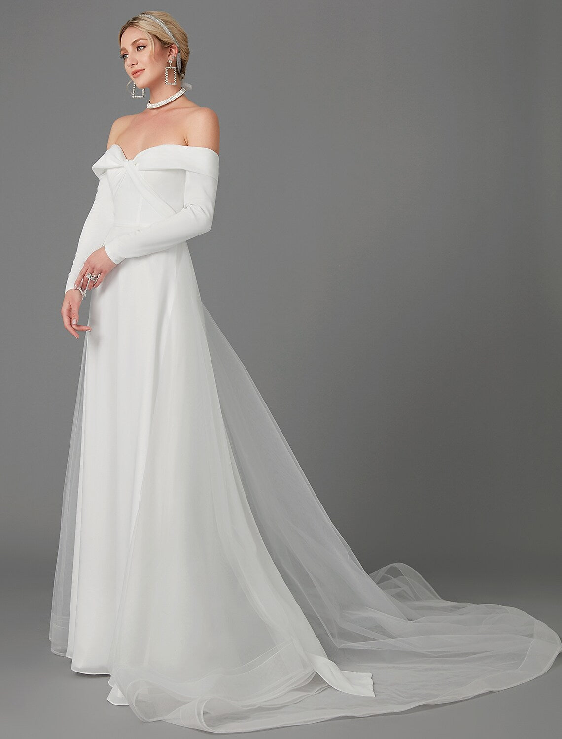 Engagement Formal Wedding Dresses A-Line Long Sleeve Off Shoulder Chiffon With
